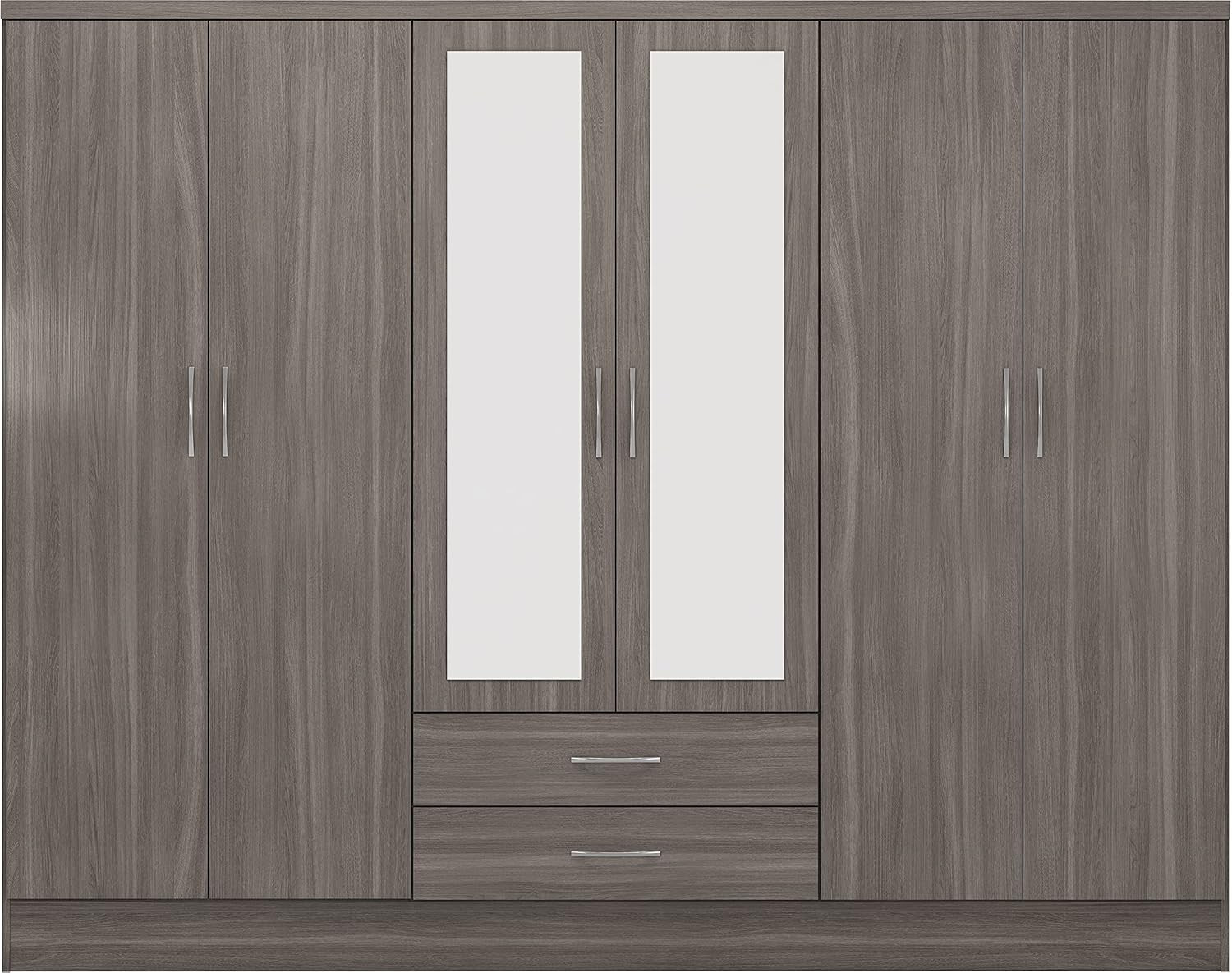 Large 6-Door Black Wood Wardrobe with Mirror & 2 Drawers | Durable Storage