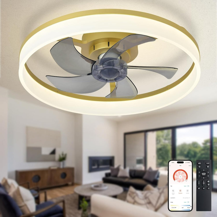 20" LED Ceiling Fan with Light, Remote & App Control, Dimmable, Gold Bladeless