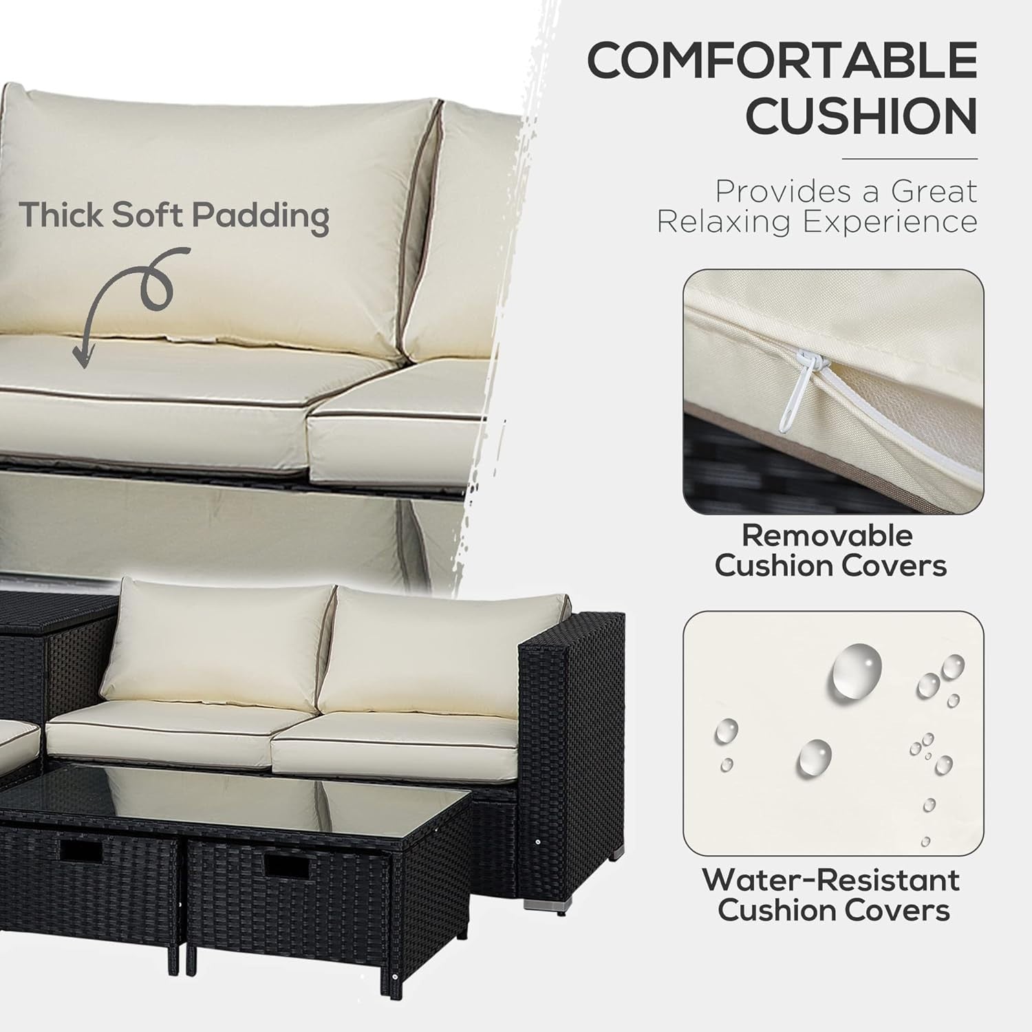 4PC Black Rattan Garden Sofa Set with Storage Drawers Cushions Glass Table