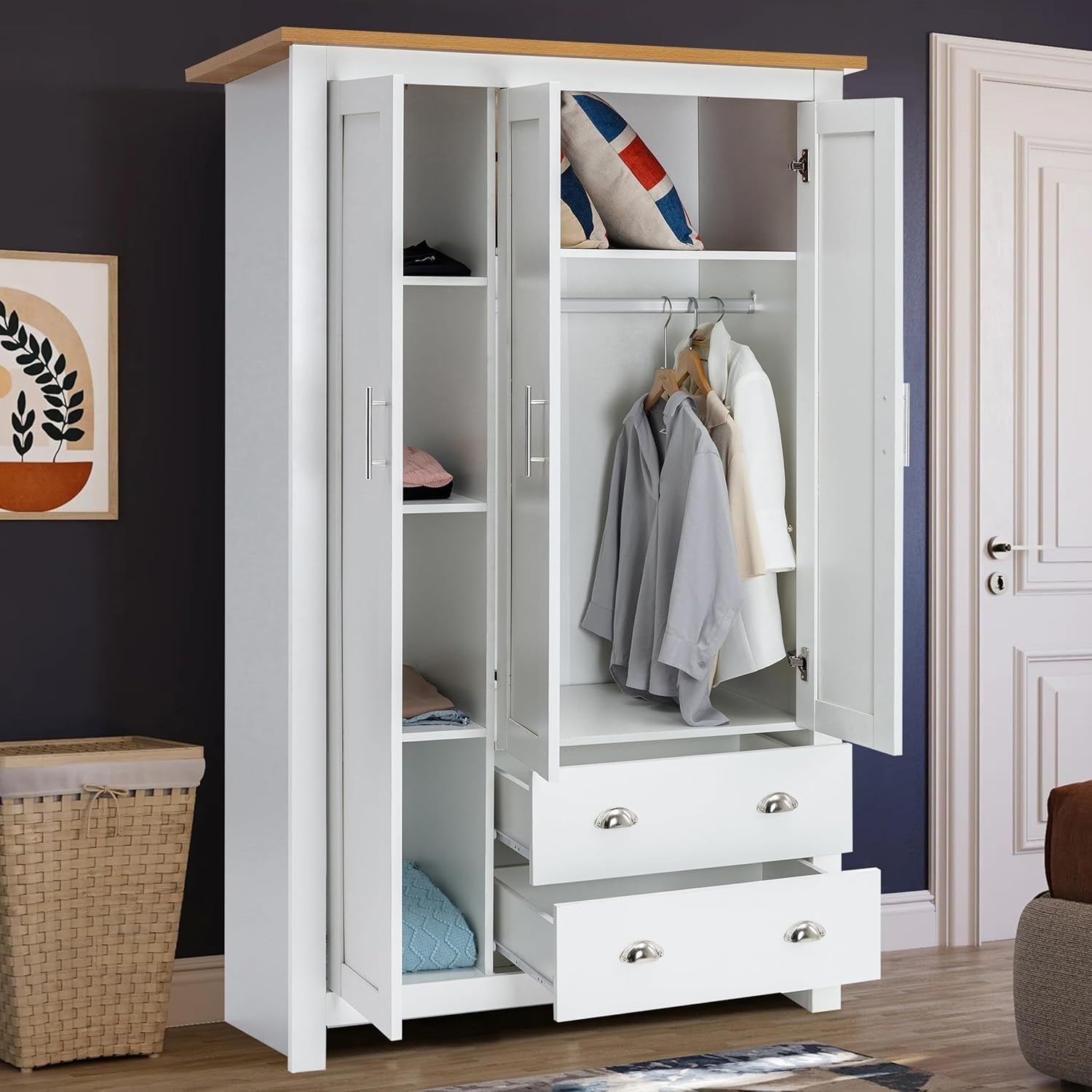 White Oak 3 Door Wardrobe With Drawers & Hanging Rail - Modern Storage