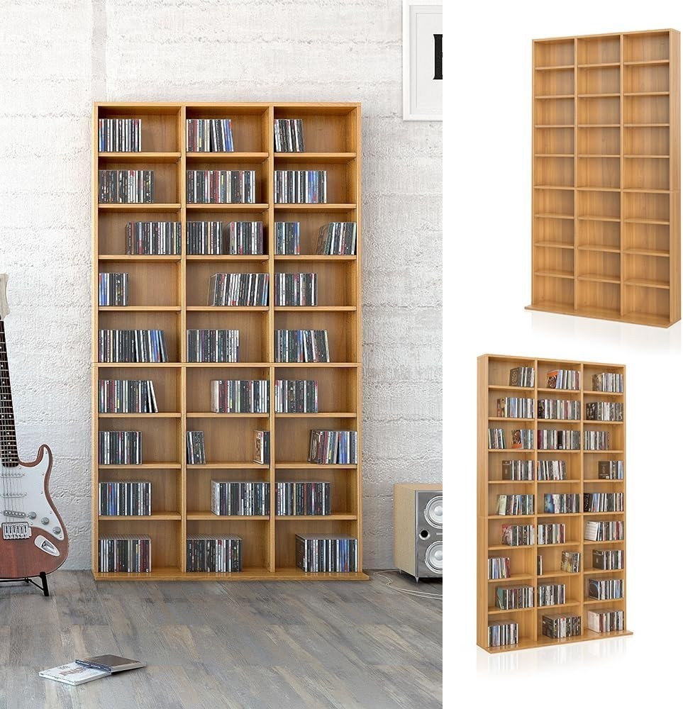 CD DVD Storage Shelf Tower 178cm 27 Adjustable Shelves Wall Mount Beech