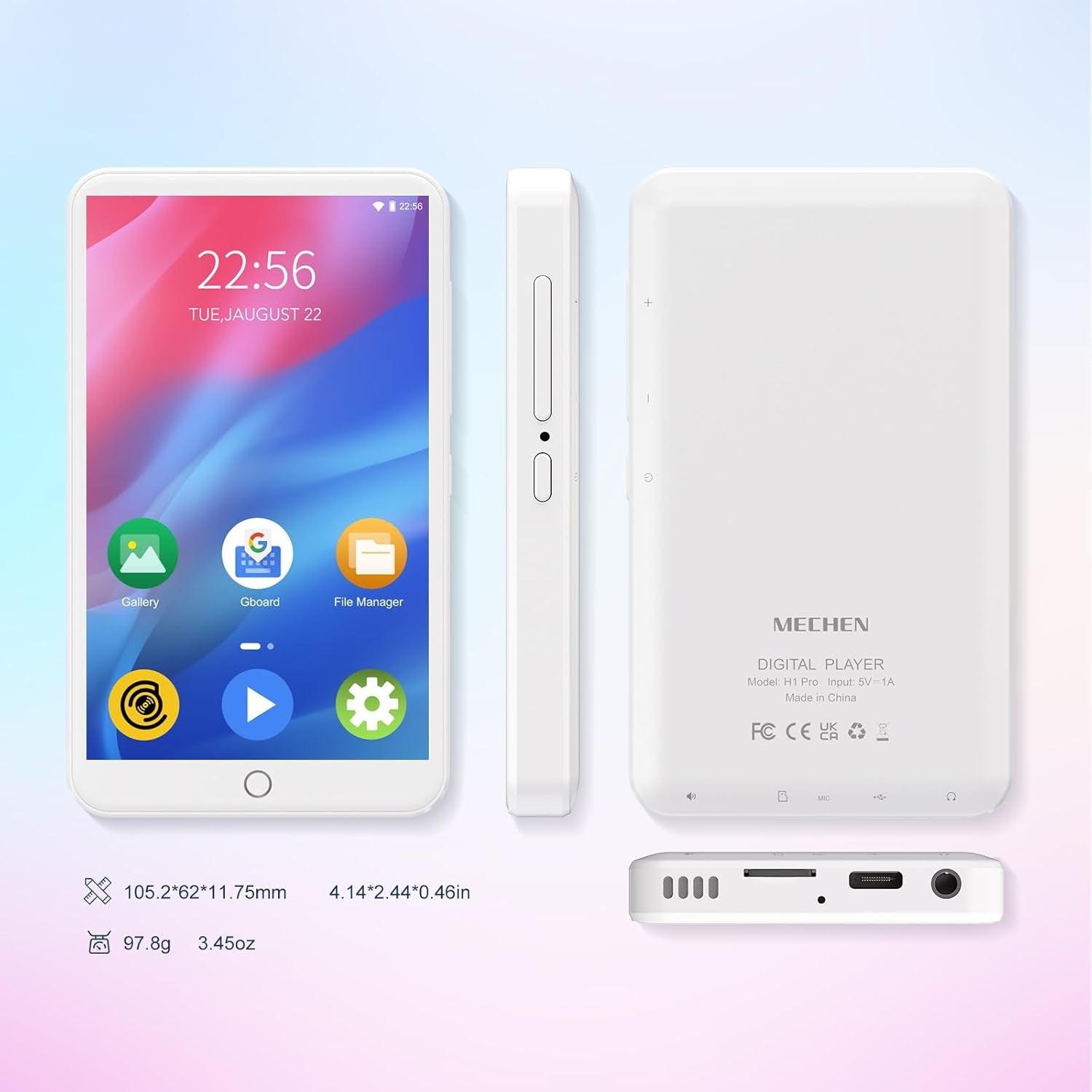 4" MP3 Player Bluetooth WiFi Android Touch Screen White