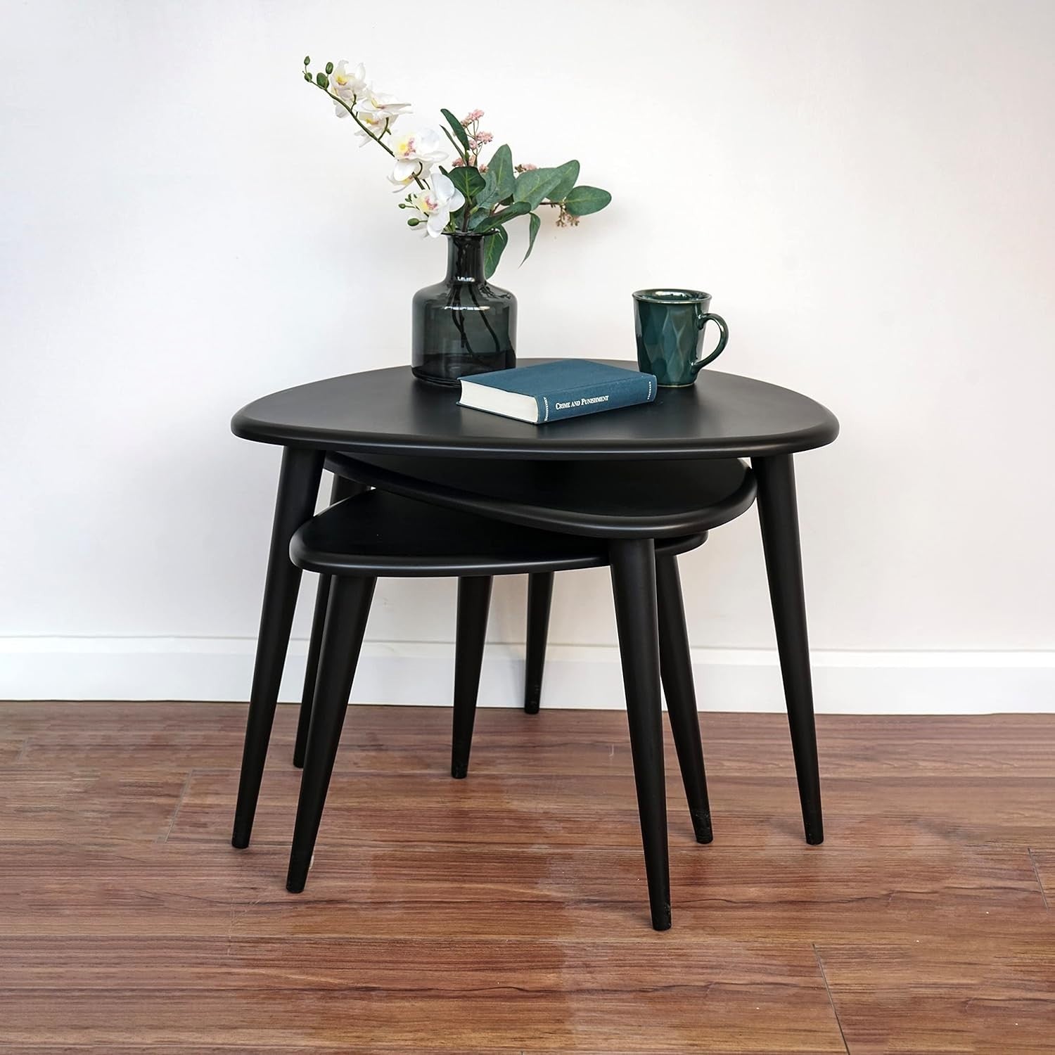 Space Saving Coffee Table Side End Bedside Round Wood Walnut Black