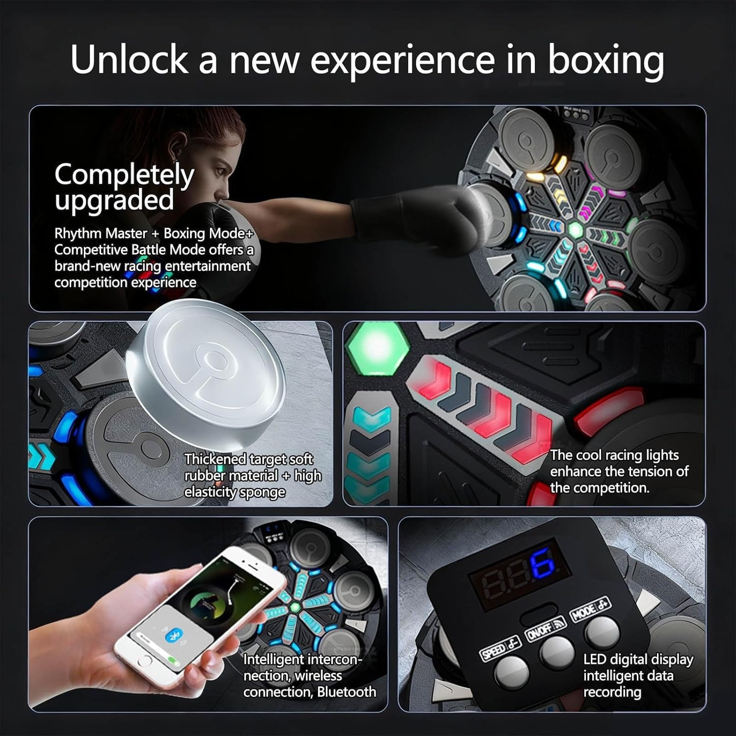 Music Boxing Machine Pink RGB LED Wall Punch Trainer 15 Modes Gloves
