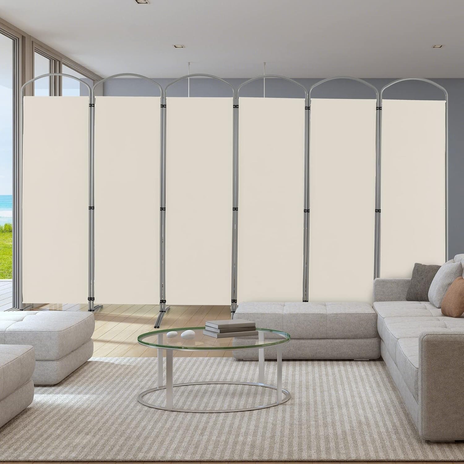 6 Panel Cream Folding Room Divider Privacy Screen for Bedroom Office 188cm High