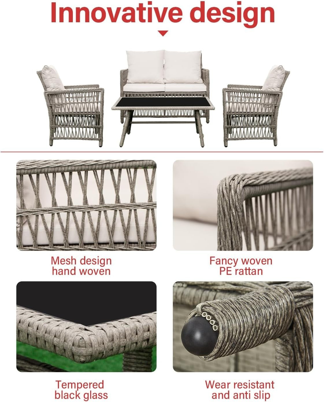 Rattan Garden Furniture Set 4 Piece Outdoor Sofa Set w/ Cushions Patio
