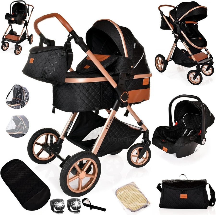 3-in-1 Baby Stroller Travel System Pram Pushchair Foldable Lightweight Black