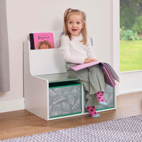 Kids Teddy Bear Bookcase with Seat &Storage Bins – H60xW61.5xD50cm