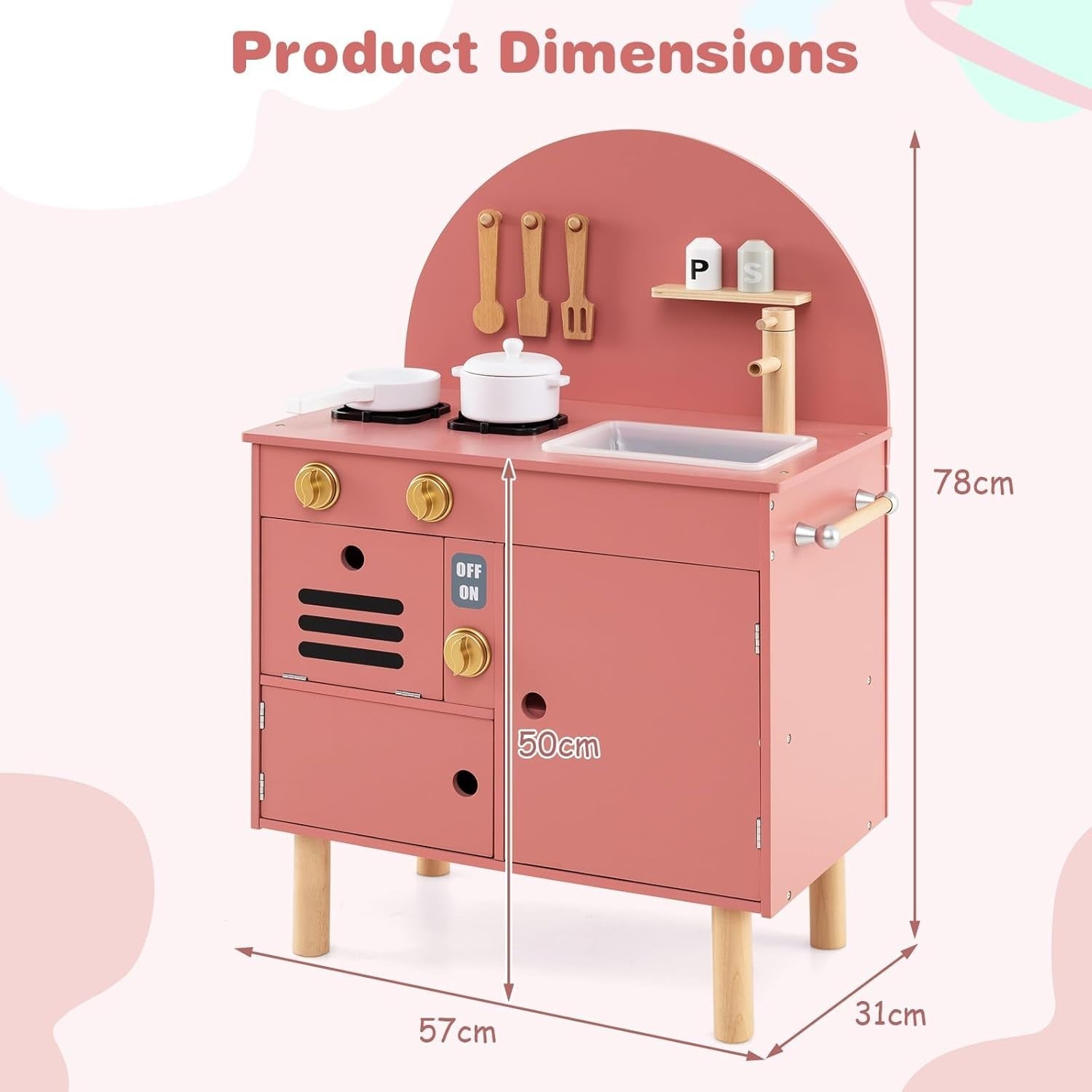 Kids Wooden Play Kitchen Pink Pretend Cooking Toy Set Accessories