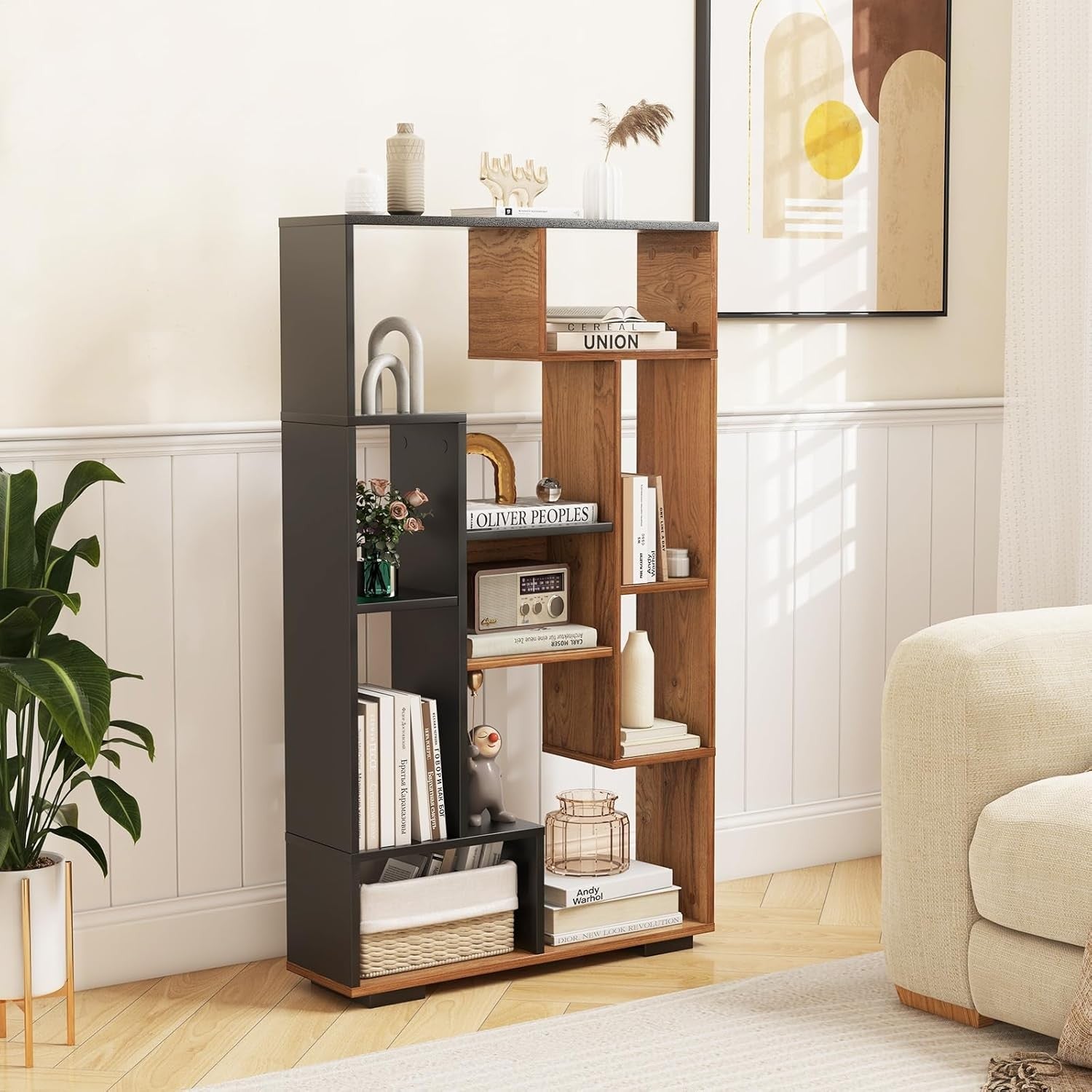 11-Cube Geometric Bookcase Black Natural | Modern Freestanding Display Storage