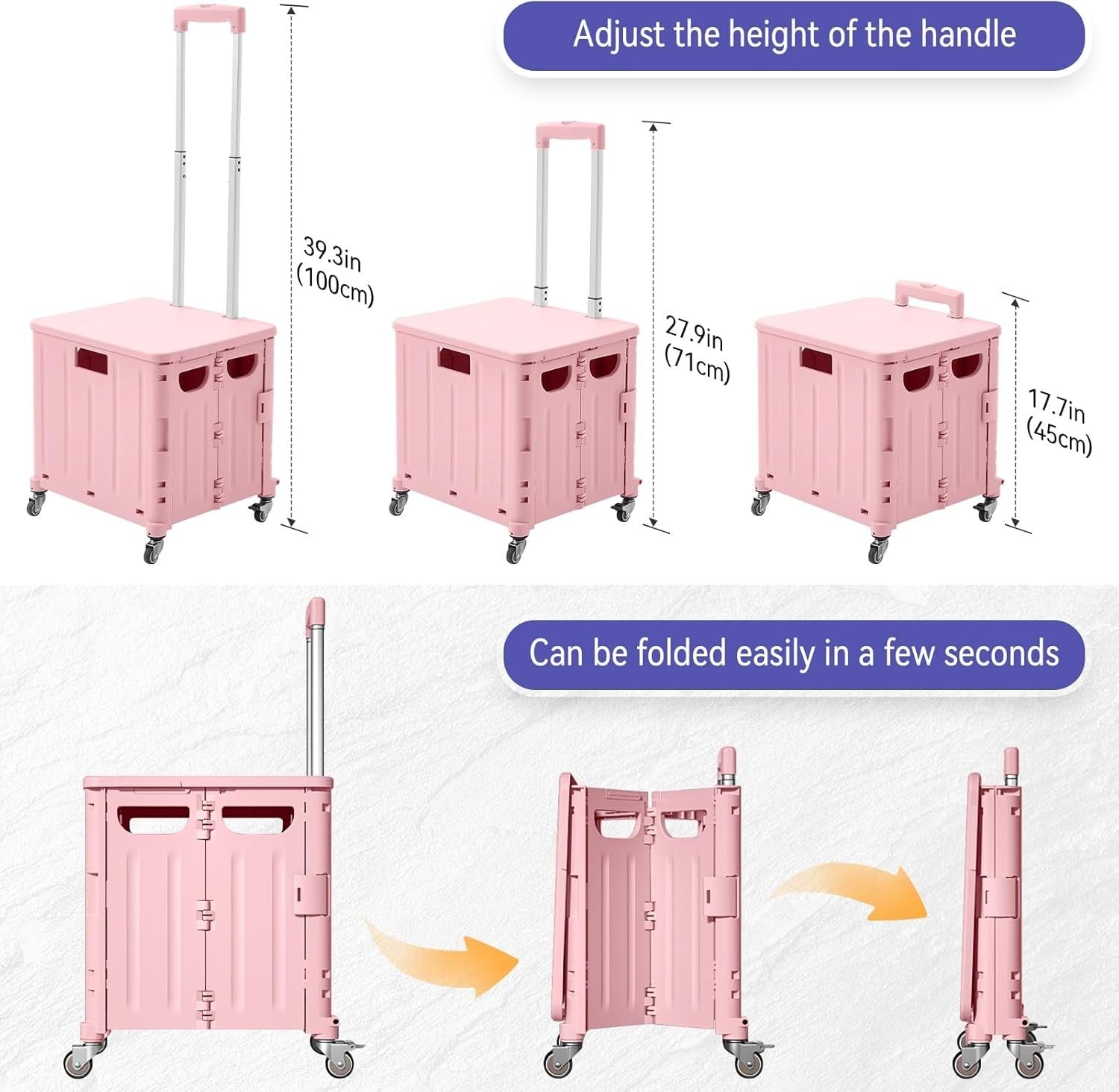 65L Foldable Shopping Trolley 4 Rotating Wheels Collapsible Cart with Lid Pink