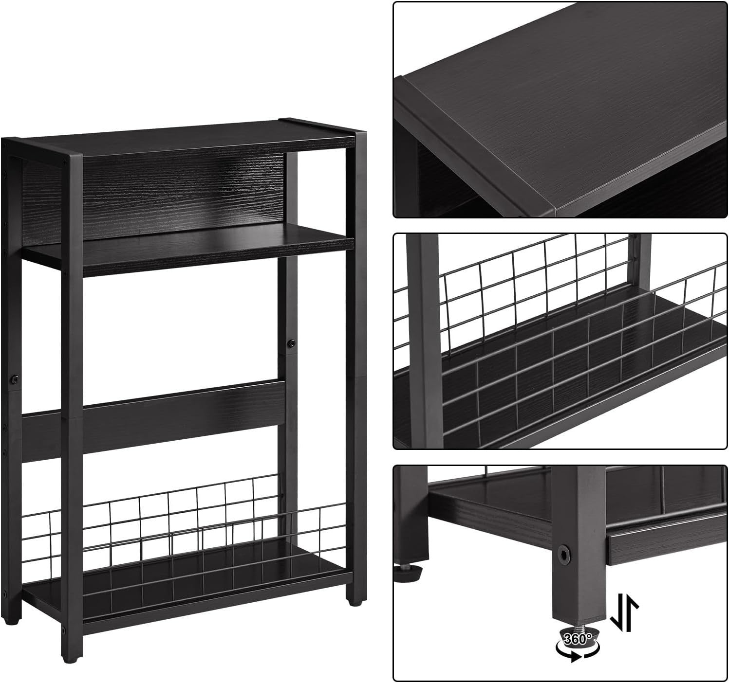 Narrow Black Side Table 3 Tier Slim End Table with Storage Shelf for Sofa Bed