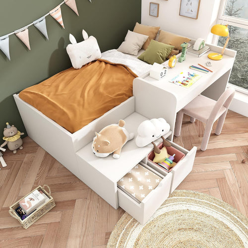 3FT Kids Bed with Desk & Storage Drawers, Wooden Frame Single Bed 90x190cm
