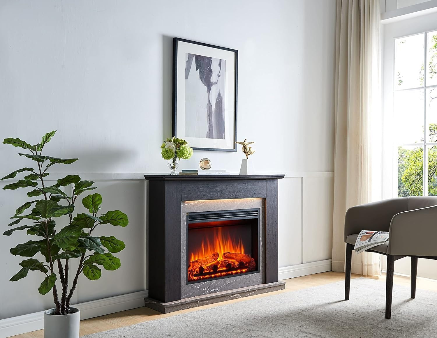 Electric Fireplace Suite 44" Heater LED Flame Oak Surround TV Safe
