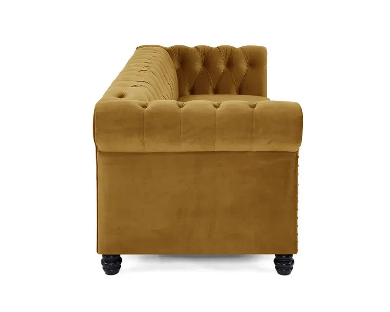 3 Seater Chesterfield Sofa Gold Velvet Scroll Arms Tufted Back Living (SV)