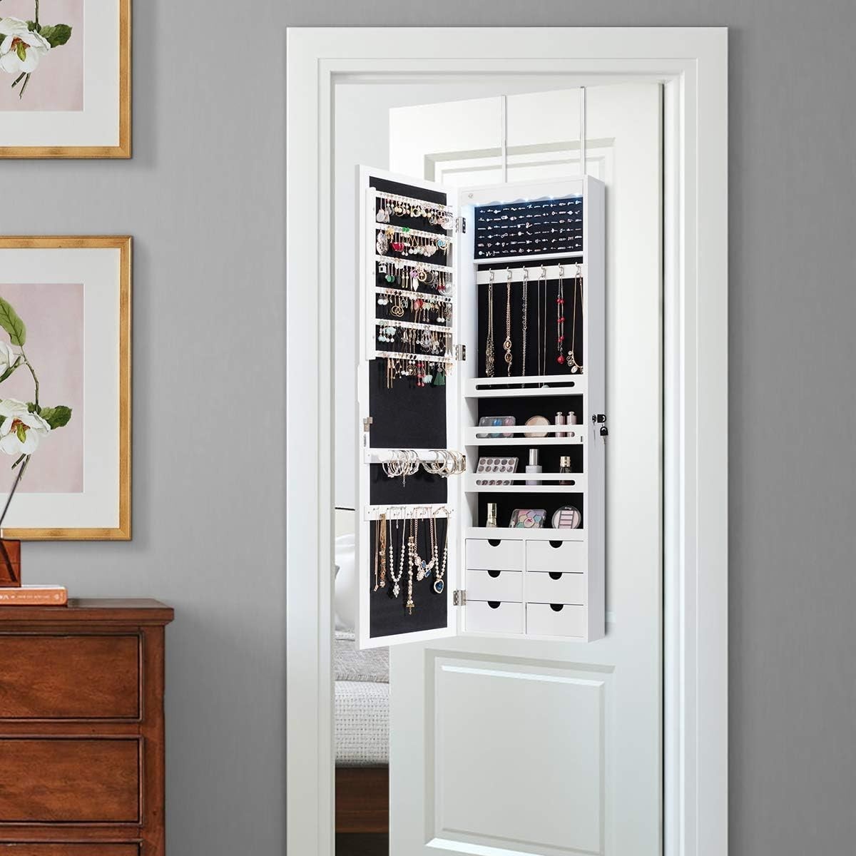 White LED Wall Mounted Jewelry Cabinet Mirror Lockable Hanging Organizer