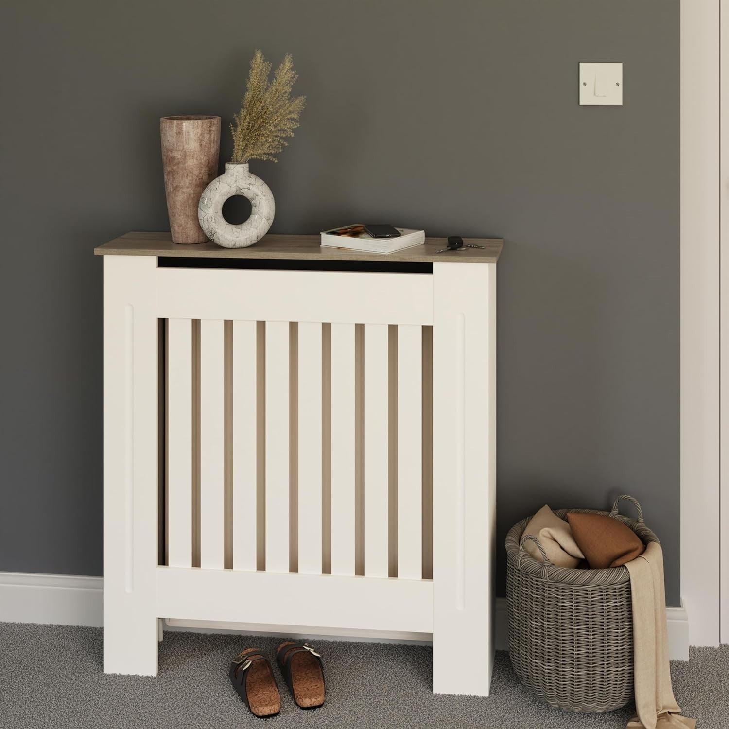 Small White Radiator Cover 78cm Slatted Wood Design Cabinet with Display Shelf
