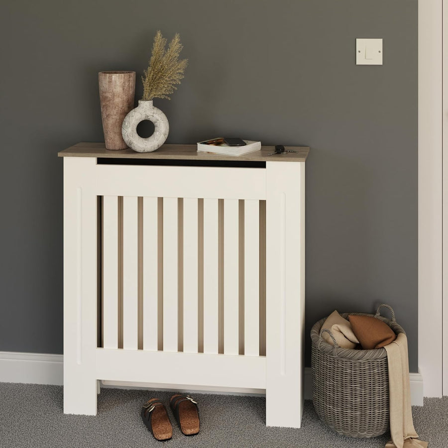 Small White Radiator Cover 78cm Slatted Wood Design Cabinet with Display Shelf