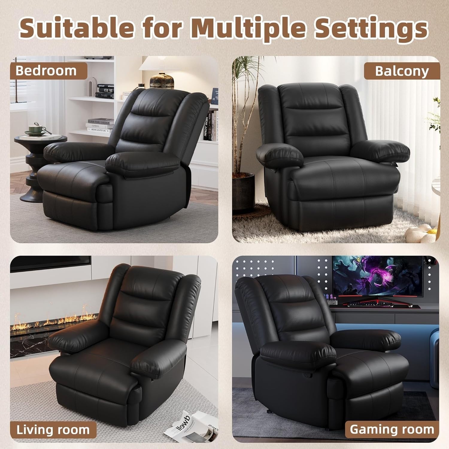 Recliner Armchair PU Leather Adjustable Sofa Lounge Chair Padded Seat Black