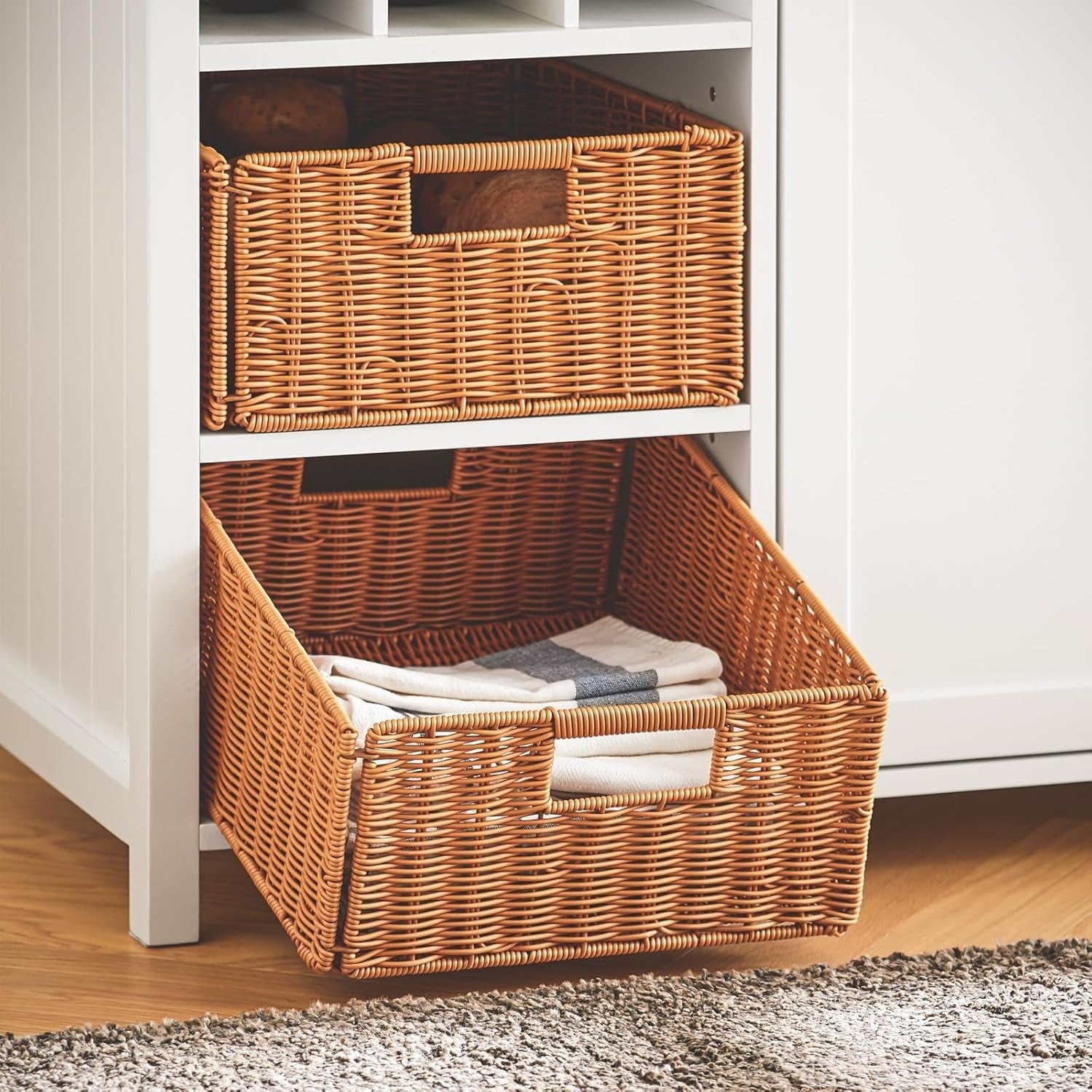 White Kitchen Island with Storage, Sideboard Cabinet & 2 Rattan Baskets