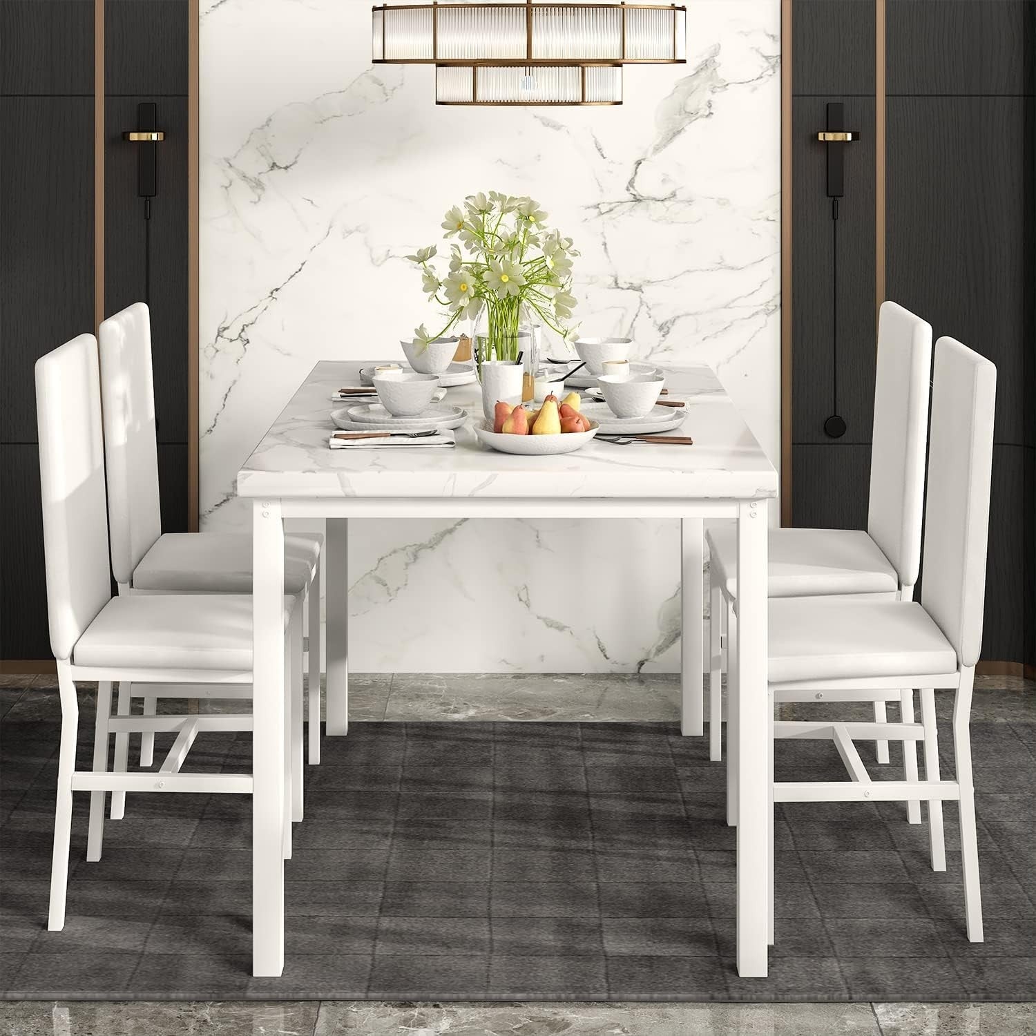 Modern Faux Marble Dining Table Set with 4 PU Leather Chairs - Compact & Stylish