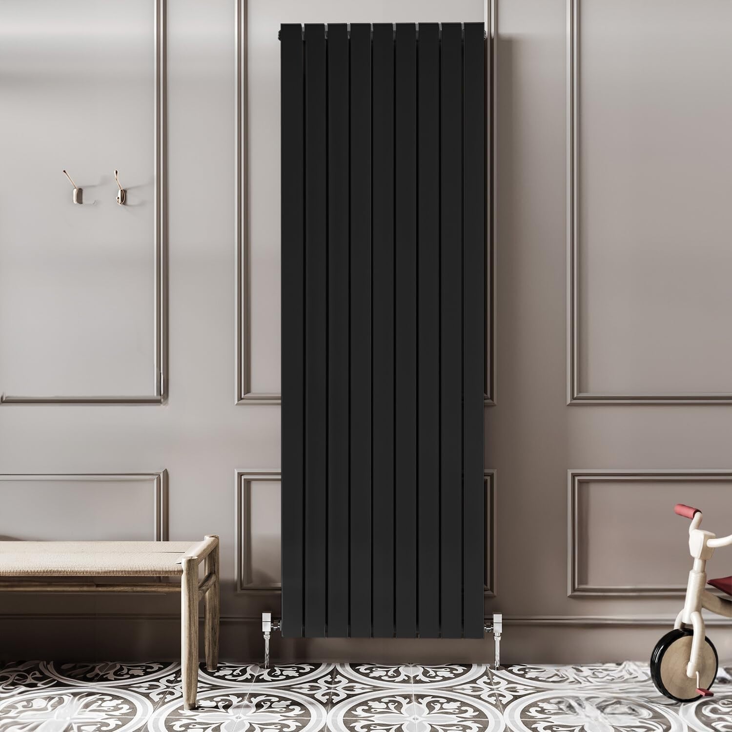 Vertical Black Flat Panel Radiator Double Column 1200x612mm High Heat Output