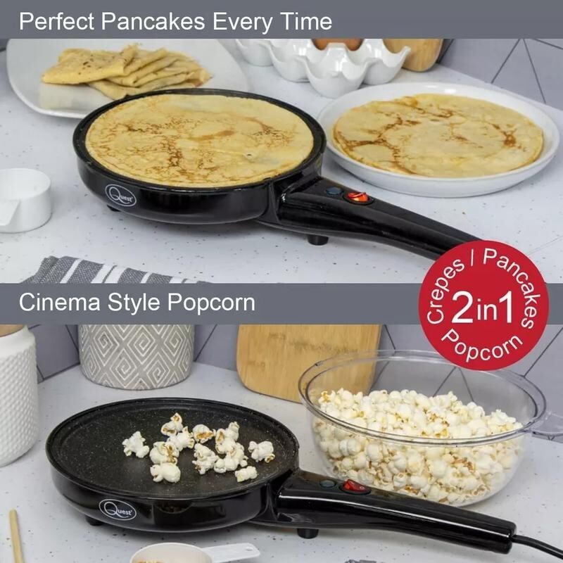 2-in-1 Popcorn & Crepe Maker 8" Non-Stick Hot Plate Quest Electric Snack Machine