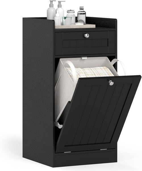 Black Tilt-Out Laundry Cabinet with Drawer & Removable Liner Modern Bathroom Sto