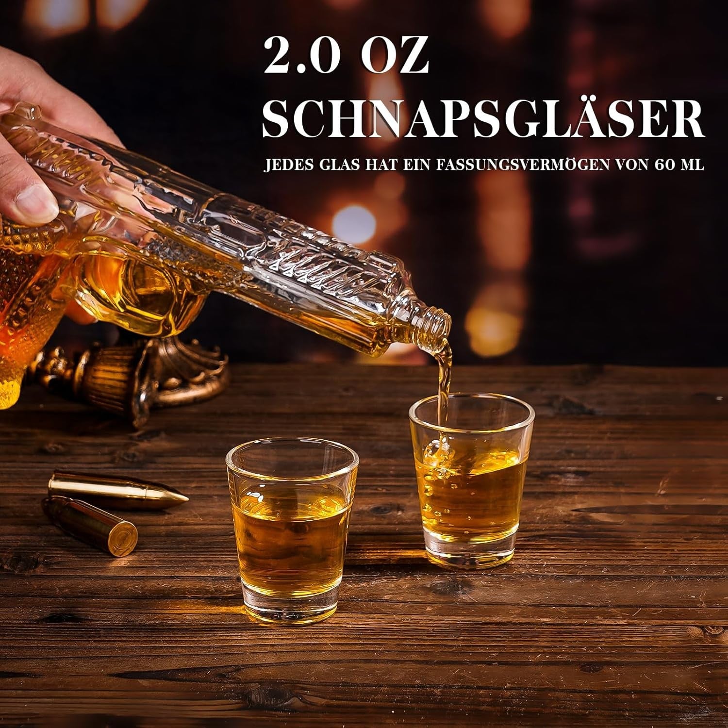 Golden Pistol Whiskey Decanter Set with Shot Glasses 265ml Mens Gift Bar Decor