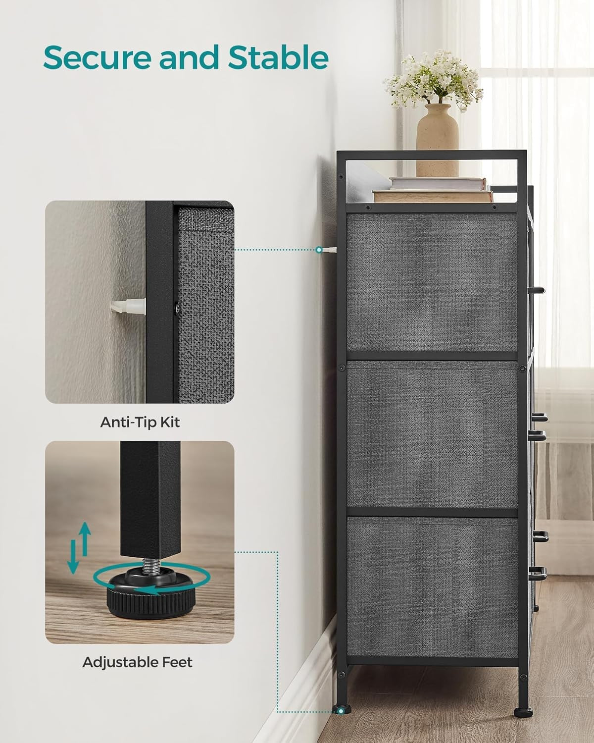 7 Drawer Chest Slate Grey Fabric Storage Cabinet Modern Bedroom Dresser