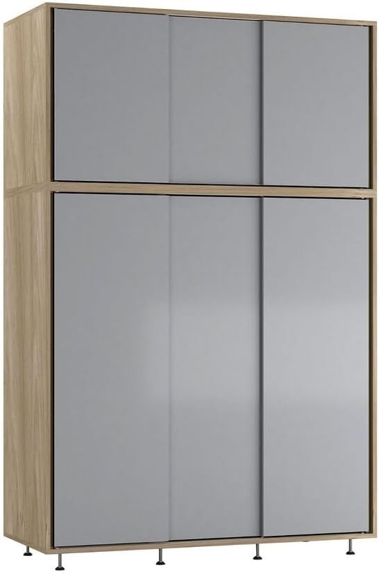 6-Door Grey Oak Sliding Wardrobe with Adjustable Feet & Hanging Rail