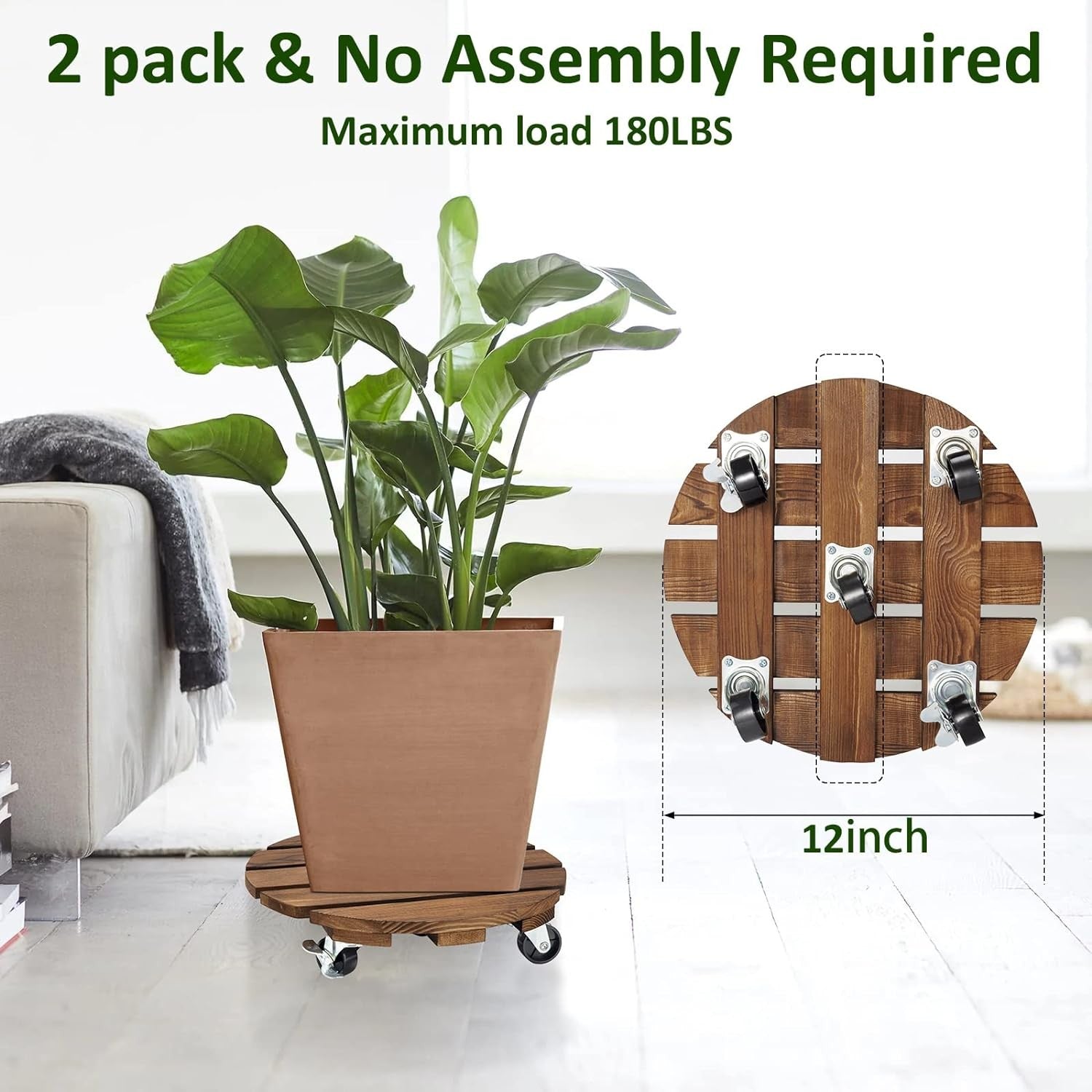 2 Pack Wood Plant Caddy with Wheels, 12" Rolling Flower Pot Stand Indoor Outdoor