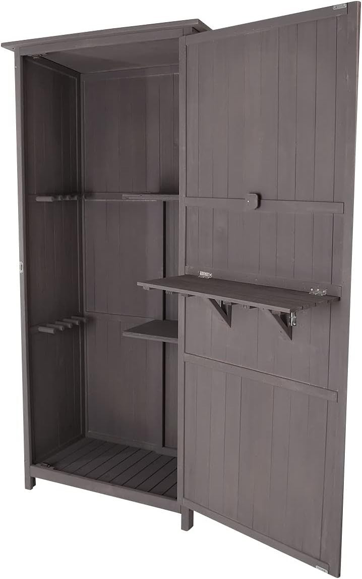 Tall Wooden Garden Storage Shed with Shelves & Hooks, Waterproof Steel Roof