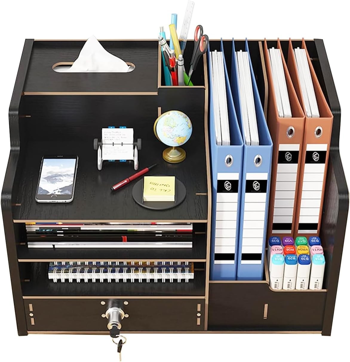 Black Desk Organiser with Drawer 9-Compartment Desktop Storage