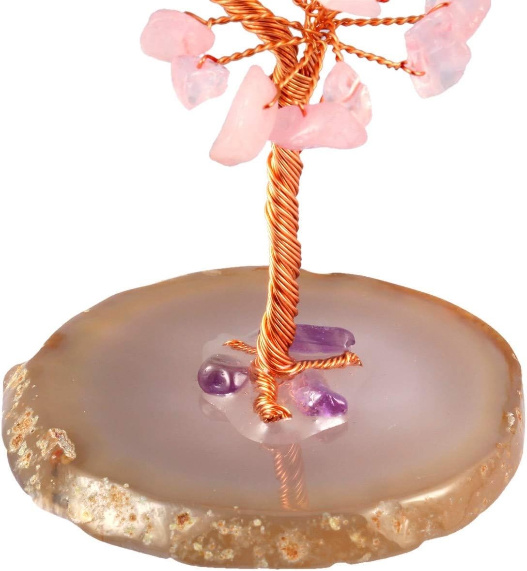 Rose Quartz Crystal Money Tree Feng Shui Healing Gemstone Ornament Agate Base