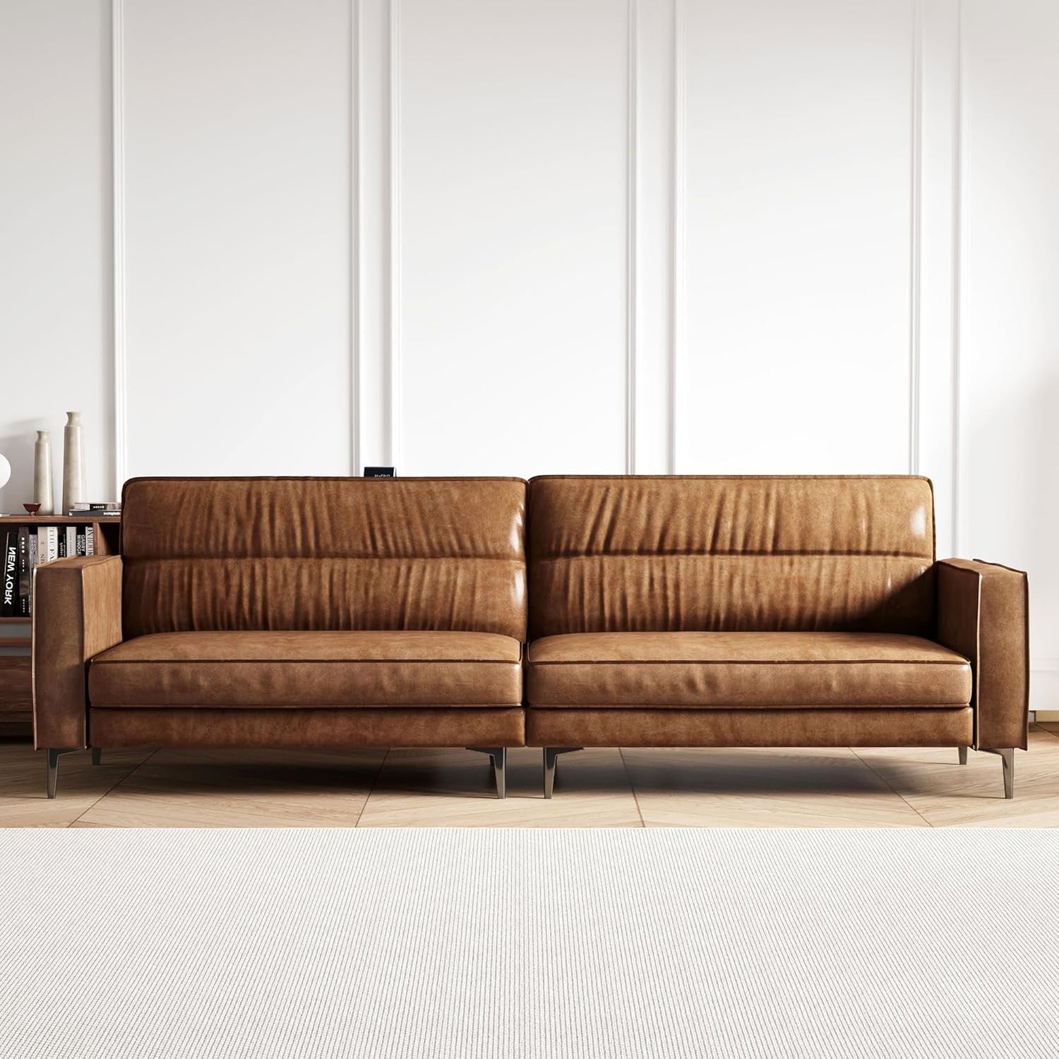 Luxury Brown Leather Sofa 3 Seater Modern Chesterfield Metal Legs 220cm