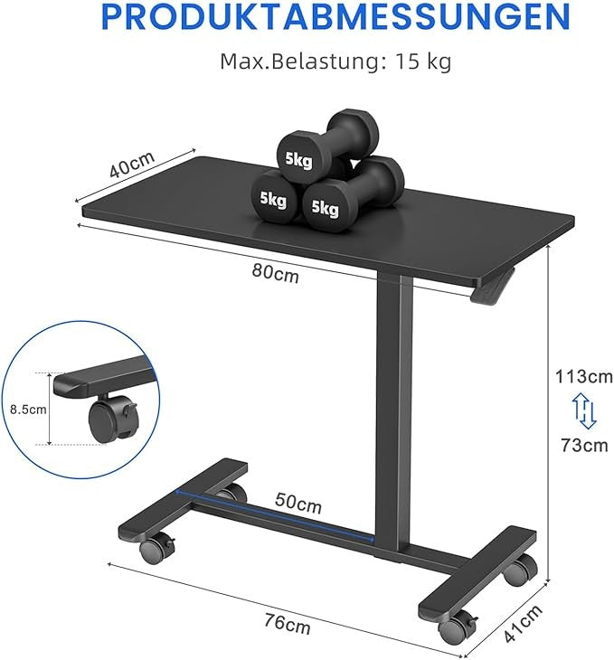 Overbed Laptop Table C Shaped Height Adjustable on Wheels 80x40cm Black