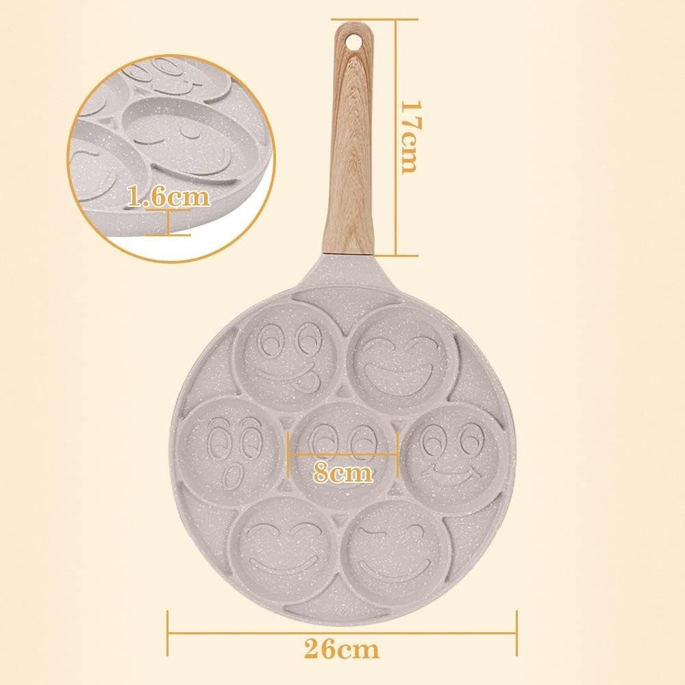 Smiley Face Pancake Pan 26cm White Non Stick 7 Hole Mini Pancake Maker Induction