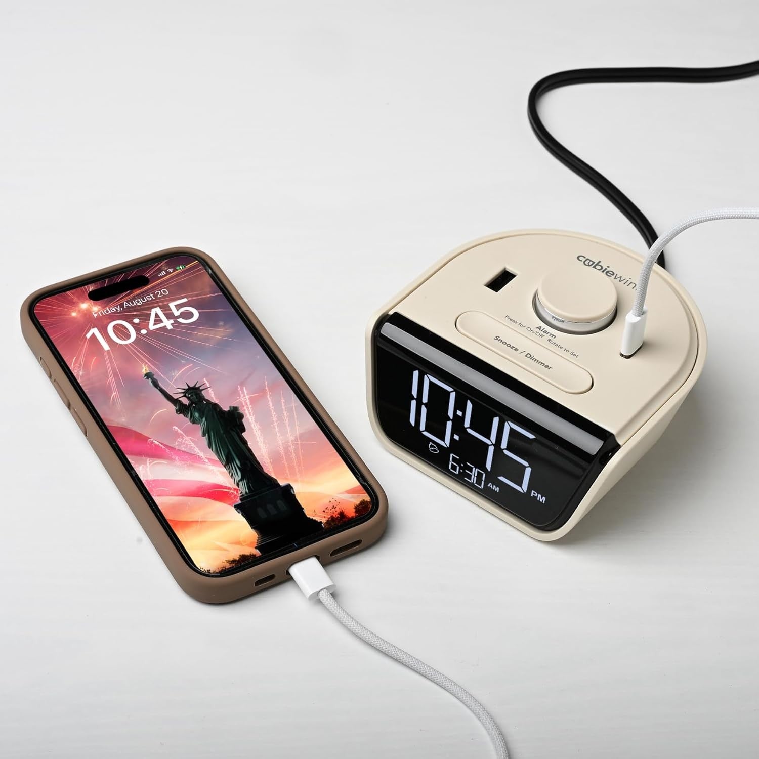USB Charging Alarm Clock Latte Digital Bedside Desk Clock Dual USB Ports