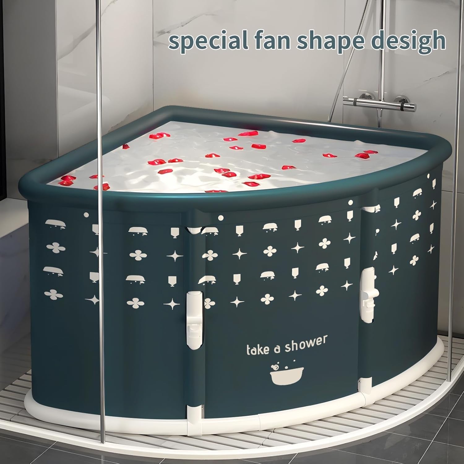 Fan-Shaped Foldable Bathtub Portable Adult Corner Tub Green