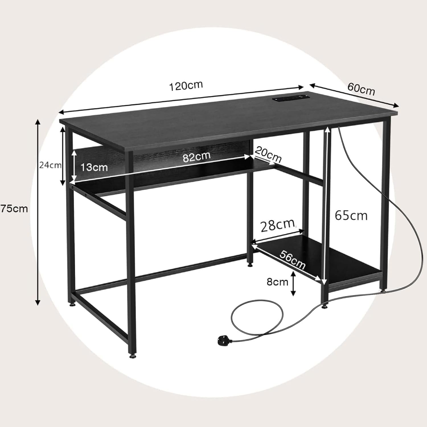 Black Computer Desk 120x60cm Wooden Study Table with Power Outlet & Shelf