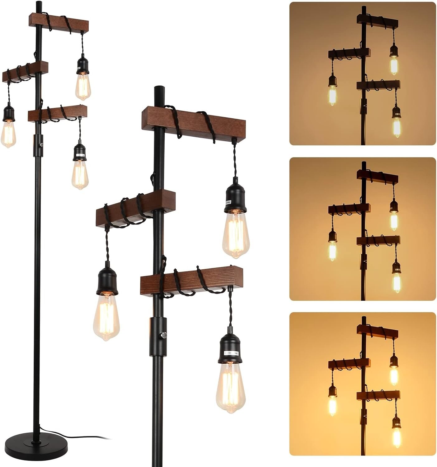 Industrial 3 Light Wooden Floor Lamp E27 Vintage Tree Standing Light