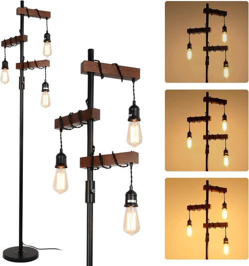Industrial 3 Light Wooden Floor Lamp E27 Vintage Tree Standing Light