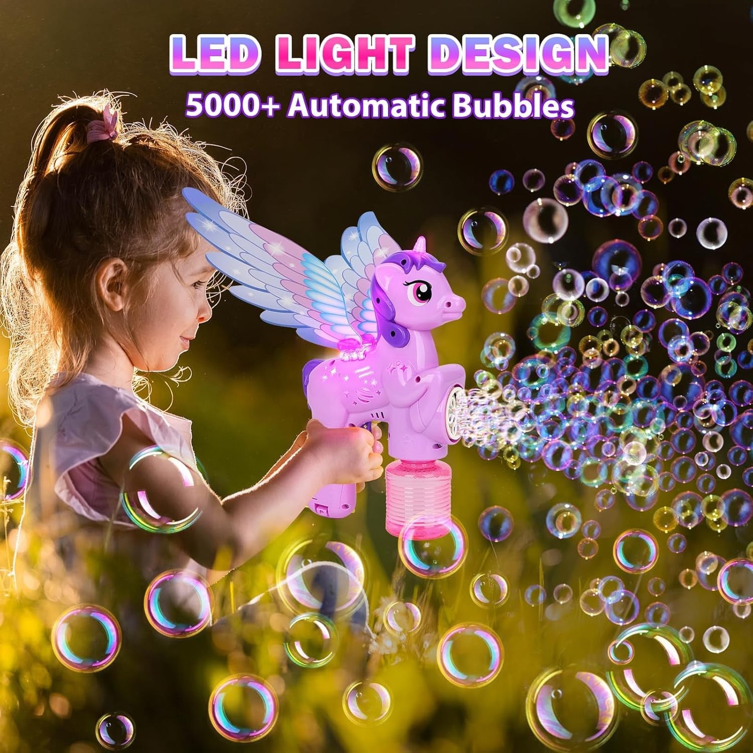 Unicorn Bubble Gun LED Light Wings Purple Toy