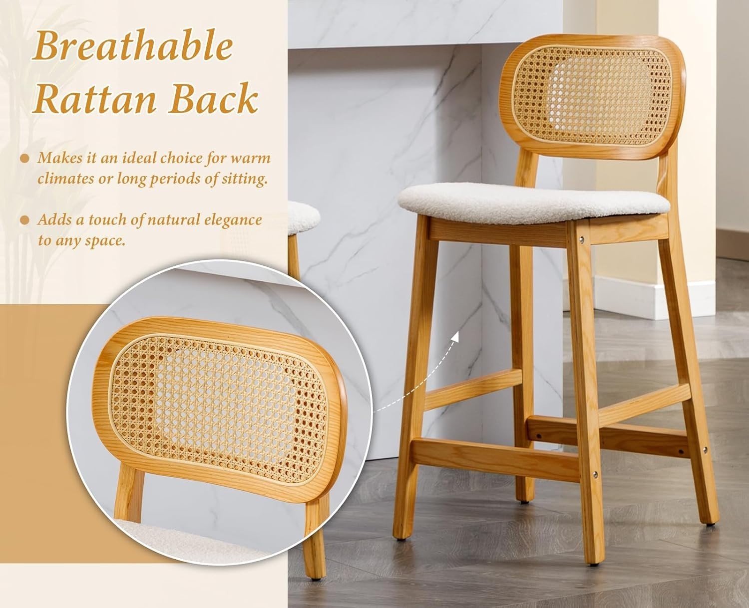 Rattan Bar Stools Set of 2 Counter Height Wooden Kitchen Island Chairs
