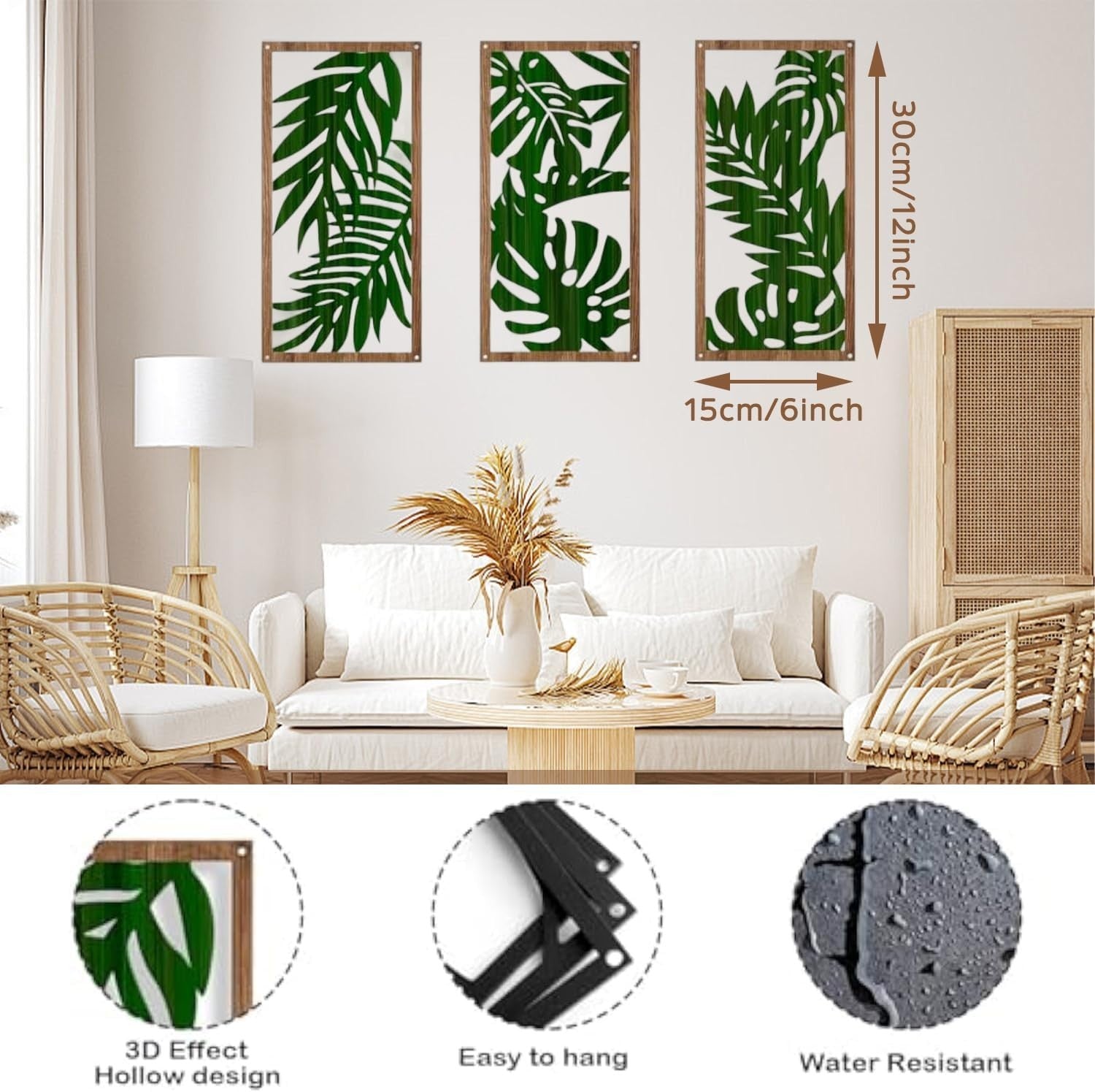 3PCS Wooden Boho Wall Art 30x15cm Geometric Leaf Wall Decor
