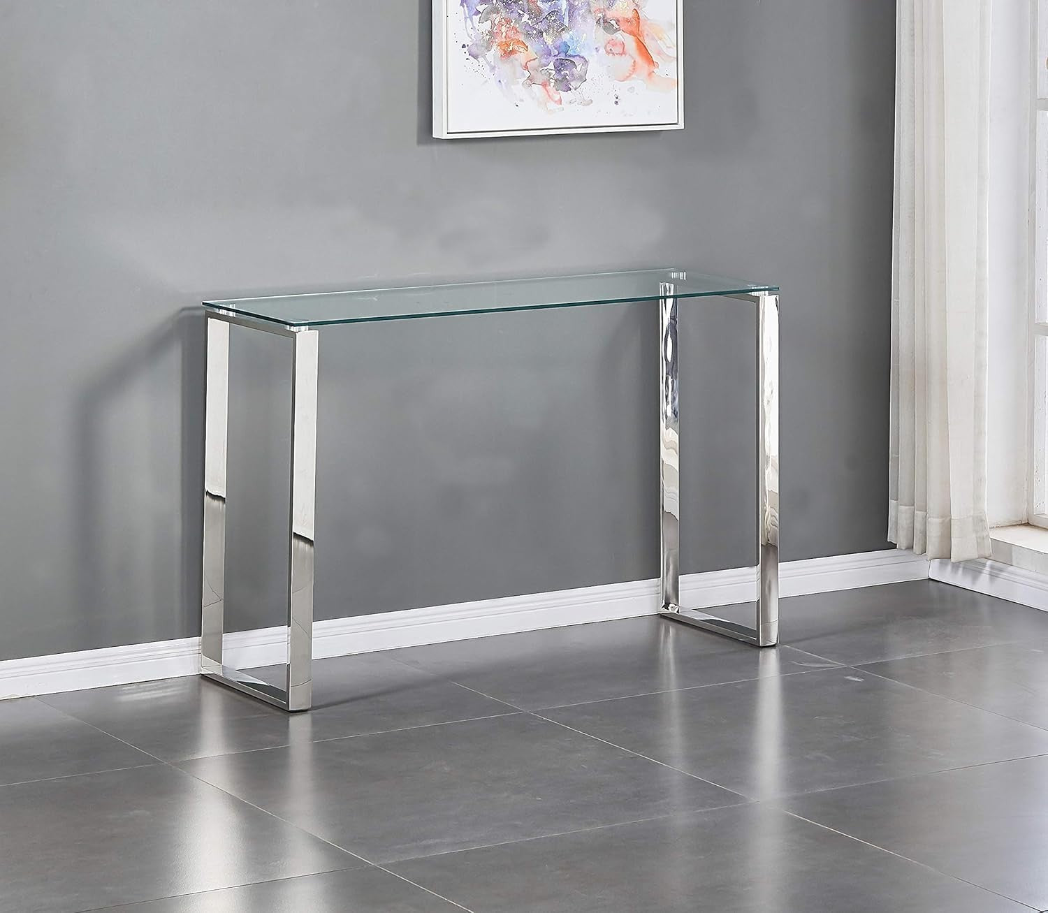 Clear Glass Console Table with Chrome Legs, Modern Slim Design