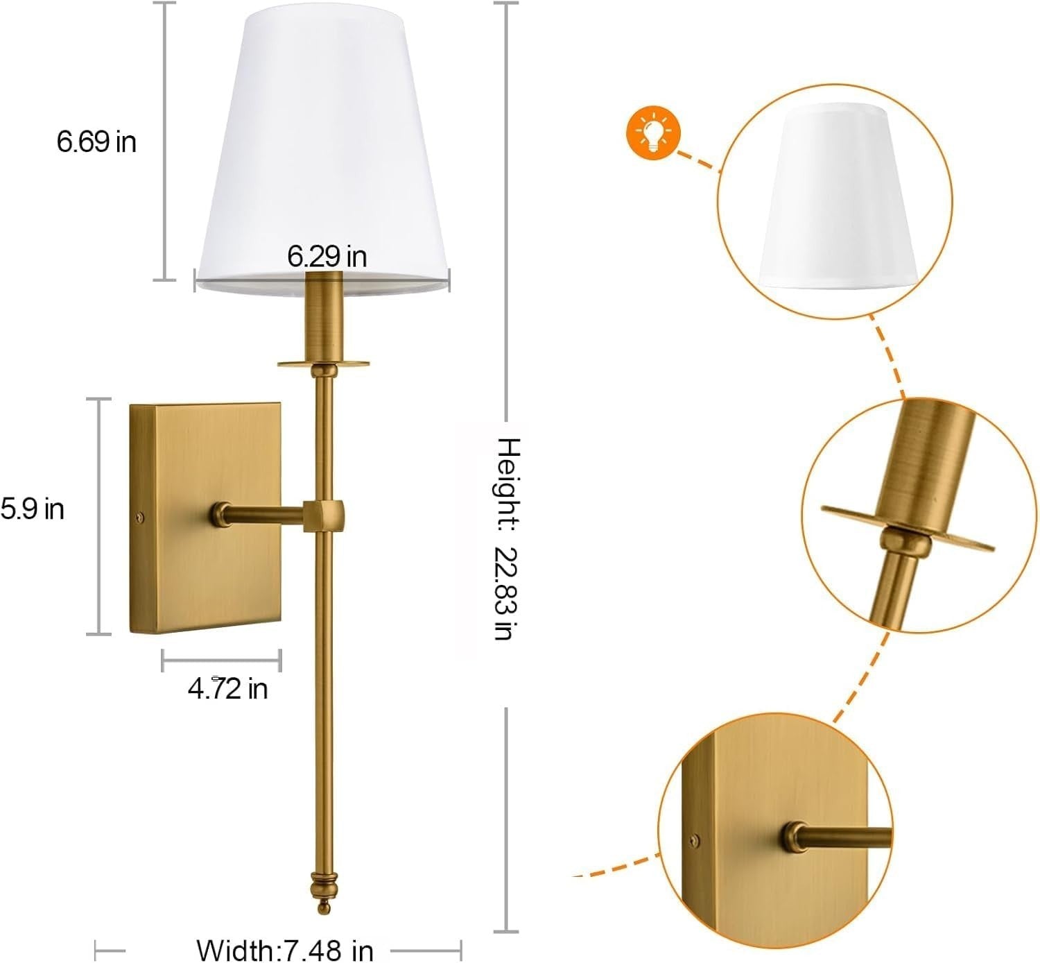 Battery Operated Wall Sconces Set of 2, Brushed Brass, Fabric Shade
