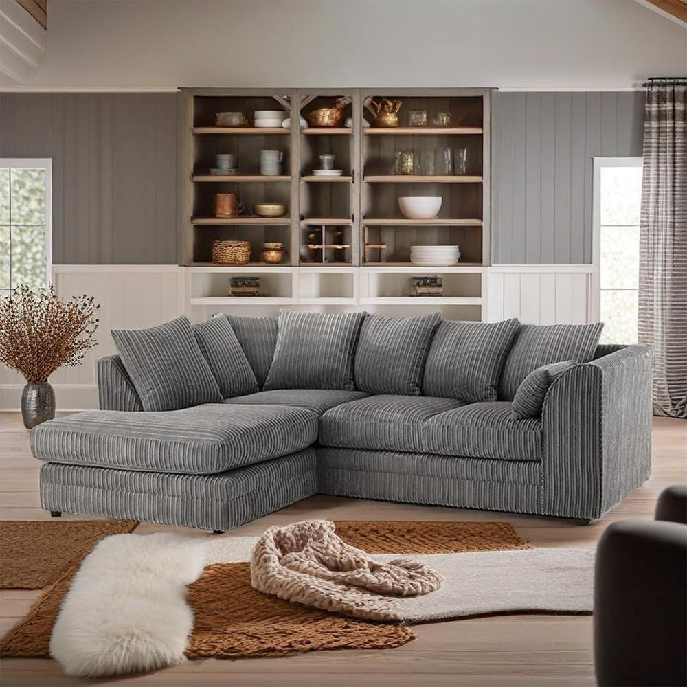 Modern Grey Jumbo Cord L Shape Sofa 4-5 Seater Set - Comfy & Durable