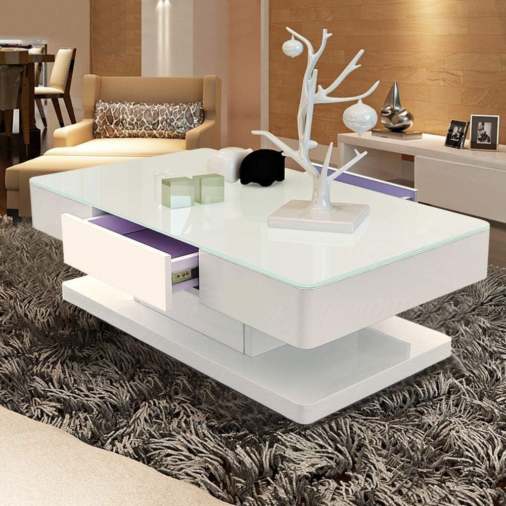 Modern White High Gloss Tempered Glass Coffee Table with 2 Drawers 100x60cm